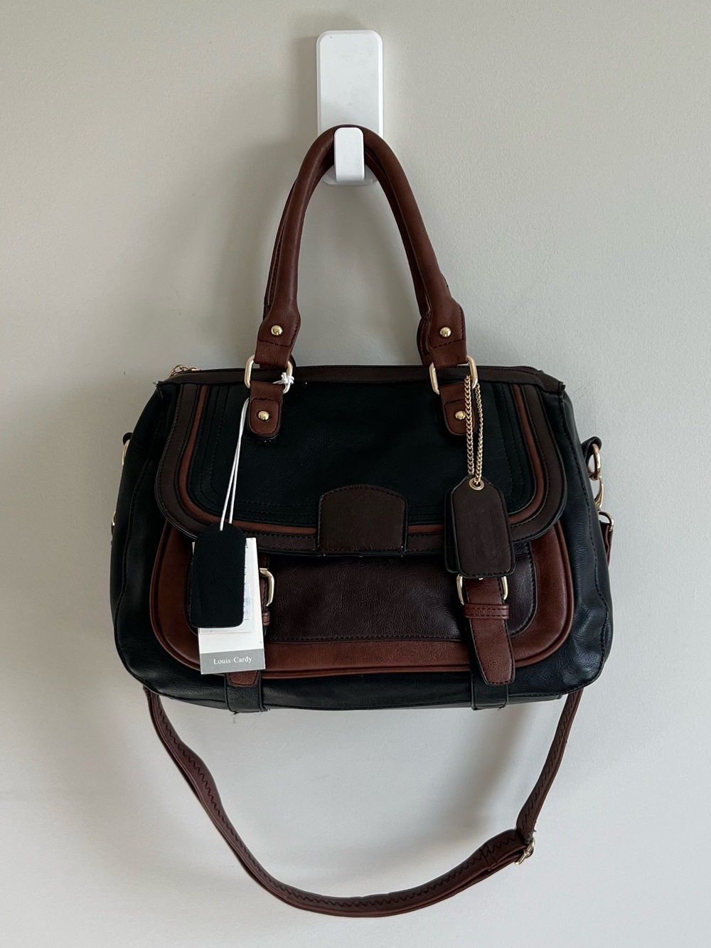NWT Two-tone Brown and Black Genuine Leather Satchel Handbag
